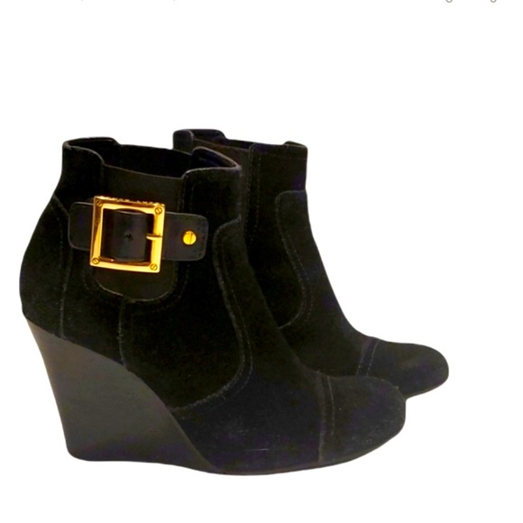 TORY BURCH Black Suede Wedge Booties w Gold Hardware - Picture 1 of 12